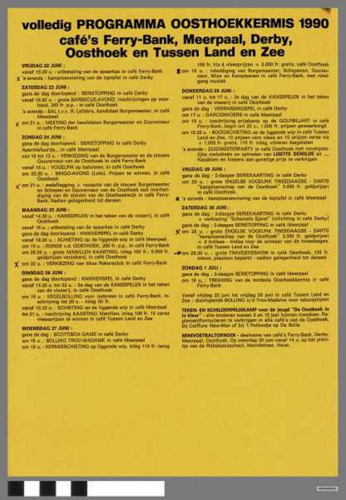 Volledig programma Oosthoekkermis 1990 cafés Ferry-Bank, Meerpaal, Derby, Oosthoek en Tussen Land en Zee