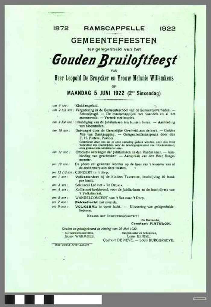 Gemeente ter gelegenheid van het gouden Bruiloftfeest van heer Leopold de Bruycker en vrouw Melanie Willemkens op maandag 5 juni 1922
