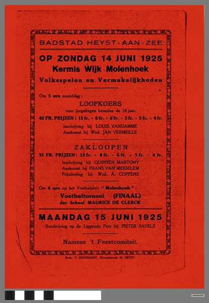 Badstad Heyst-aan-Zee - op zondag 14 juni 1925 Kermis Wijk Molenhoek - Volksspelen en vermakelijkheden