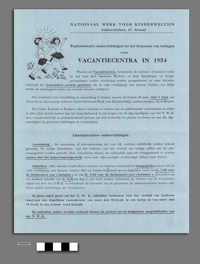 Reglementaire onderrichtingen tot het bekomen van toelagen voor Vacantiecentra in 1954