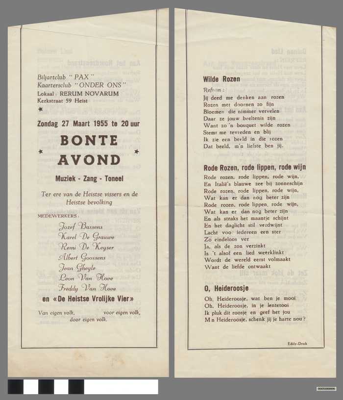 Folder: Bonte Avond - zondag 27 maart 1955 - ter ere van Heistse vissers en Heistse bevolking