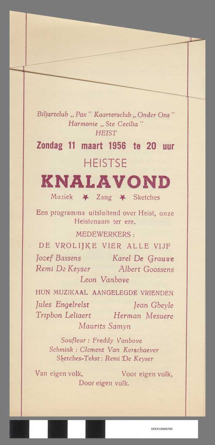 Folder: Heistse Knalavond - zondag 11 maart 1956 - De Vrolijke vier alle vijf
