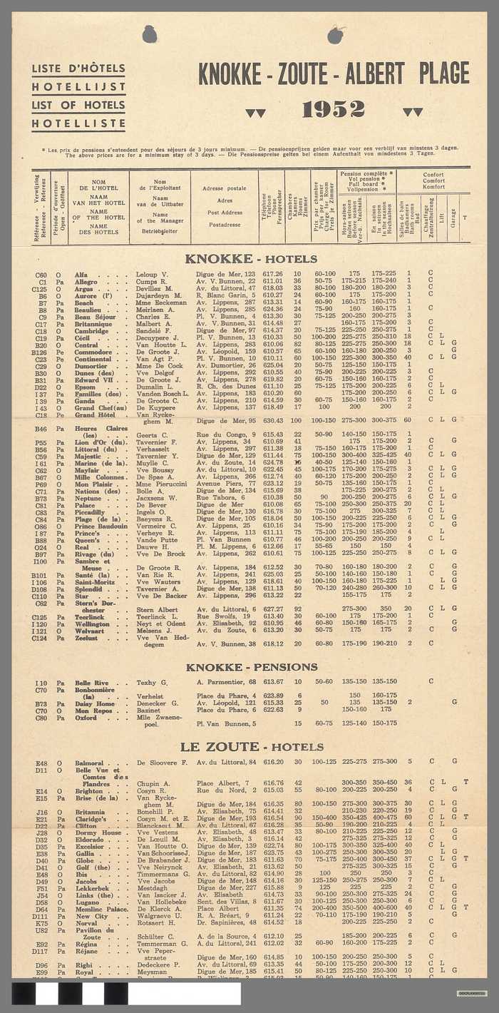 Hotellijst en plattegrond - Knokke-Zoute-Albert Plage - 1952