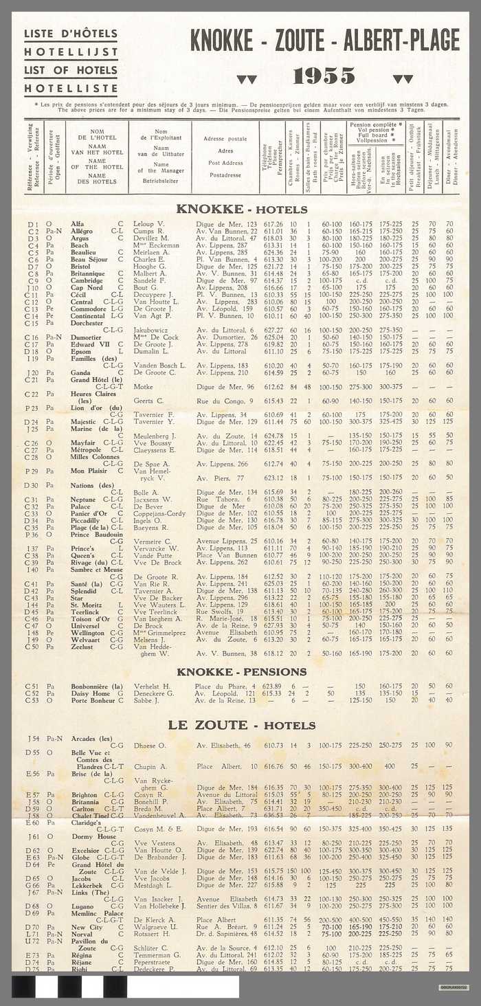 Hotellijst en plattegrond - Knokke-Zoute-Albert-Plage - 1955