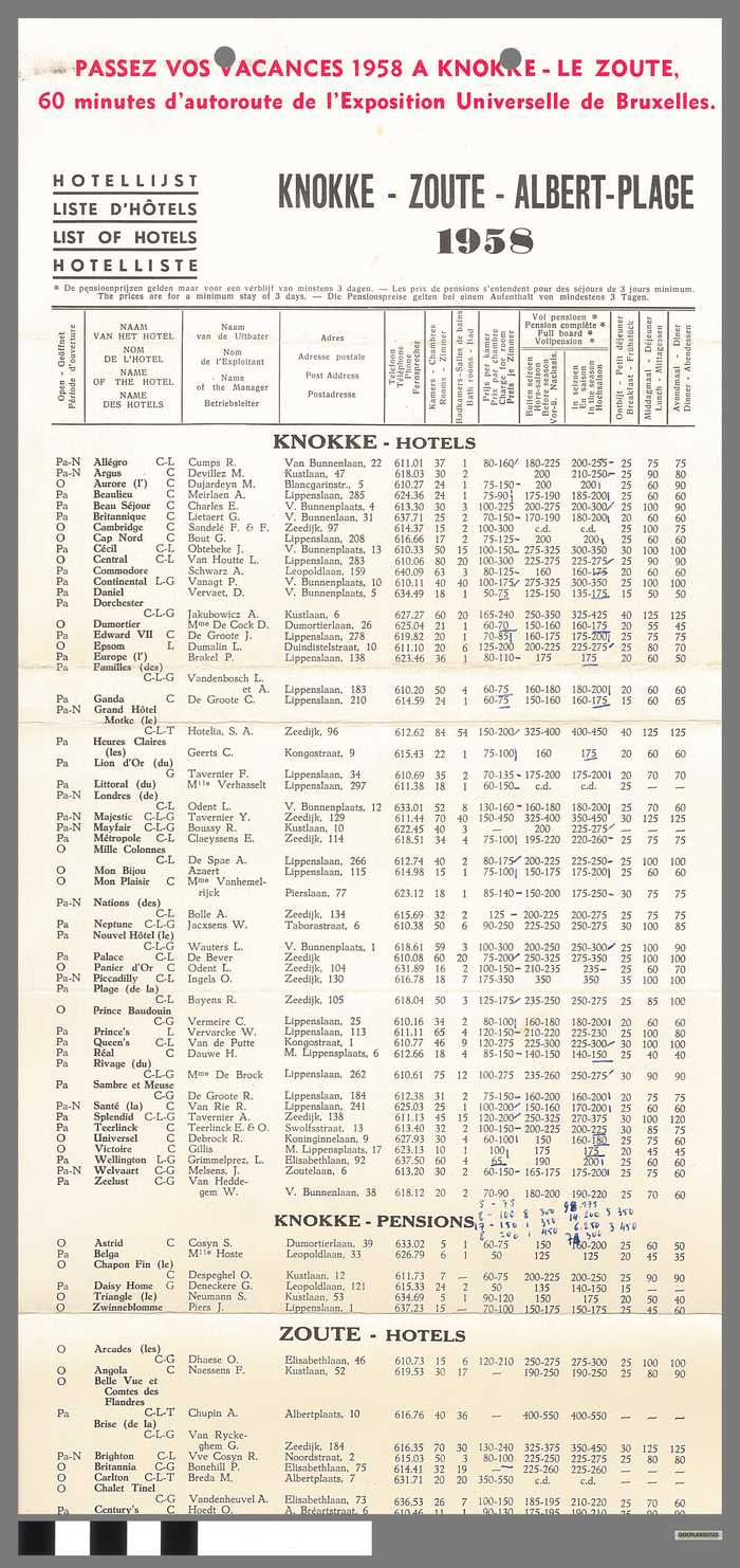 Hotellijst - Knokke-Zoute-Albert-Plage - 1958 -  60 minutes d'autoroute de l'Exposition Universelle de Bruxelles
