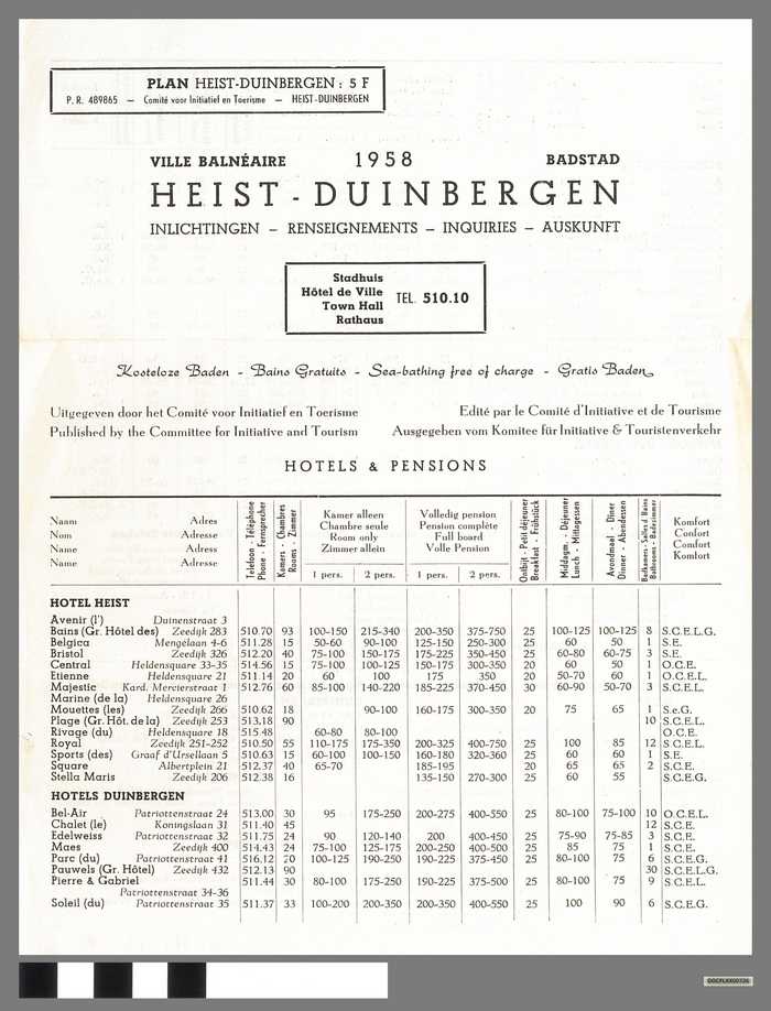 Hotellijst - Badstad Heist-Duinbergen - 1958