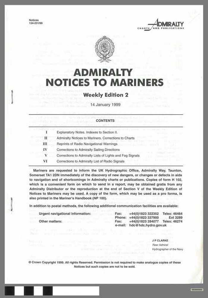 Admiralty Notices to Mariners - Weekly Edition 2 - 1999