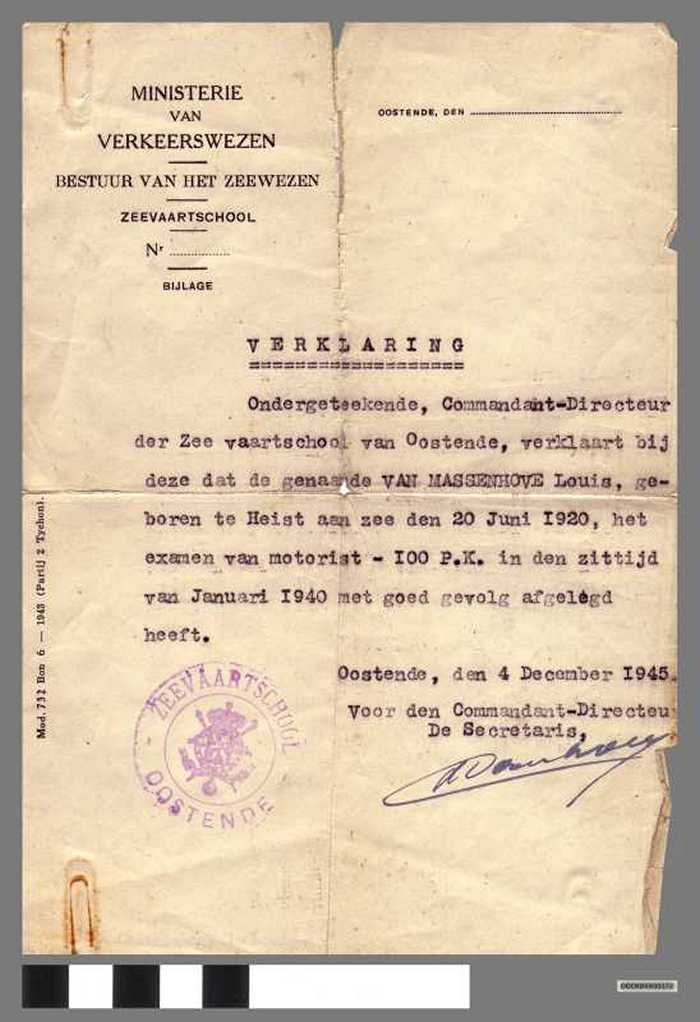 Verklaring examen motorist - Van Massenhove Lodewijk - 1945
