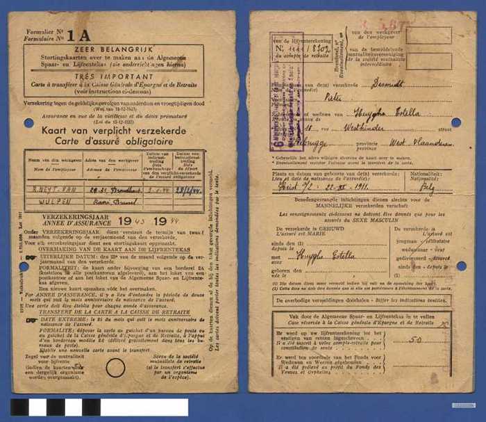 Formulier 1A - Kaart van verplicht-verzekerde- Carte d'assuré obligatoire - 1943-1944