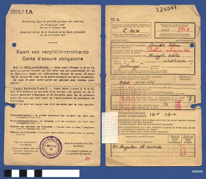 Formulier 1A - Kaart van verplicht-verzekerde- Carte d'assuré obligatoire - 1943-1944