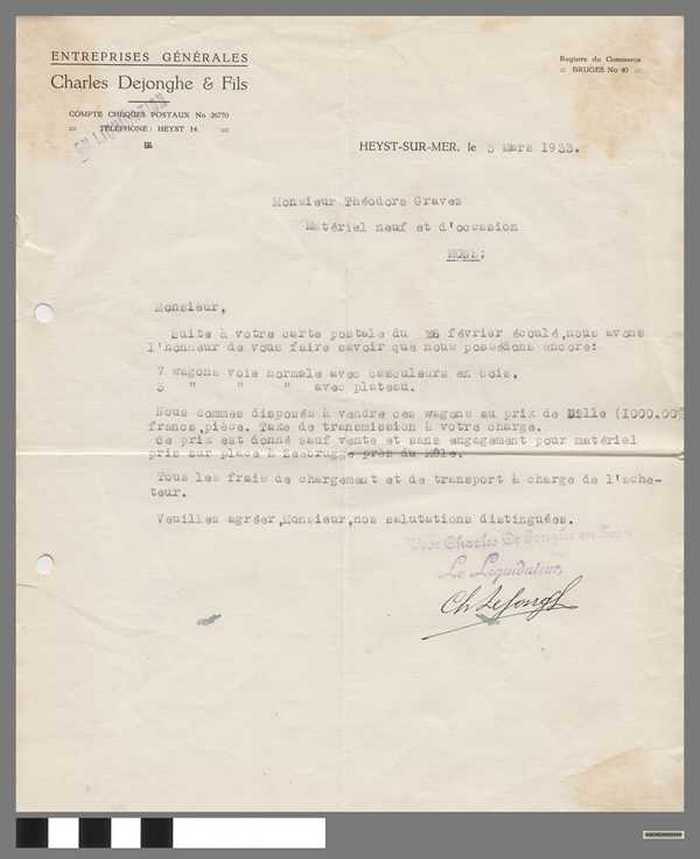 Brief van Charles Dejonghe aan Théodore Gravez met een verkoopaanbod van wagons - matériel neuf et d'occasion