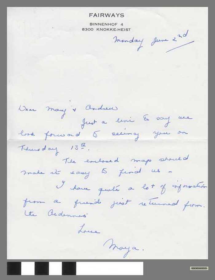 Engelse brief van Moya aan Mary & Andrew
