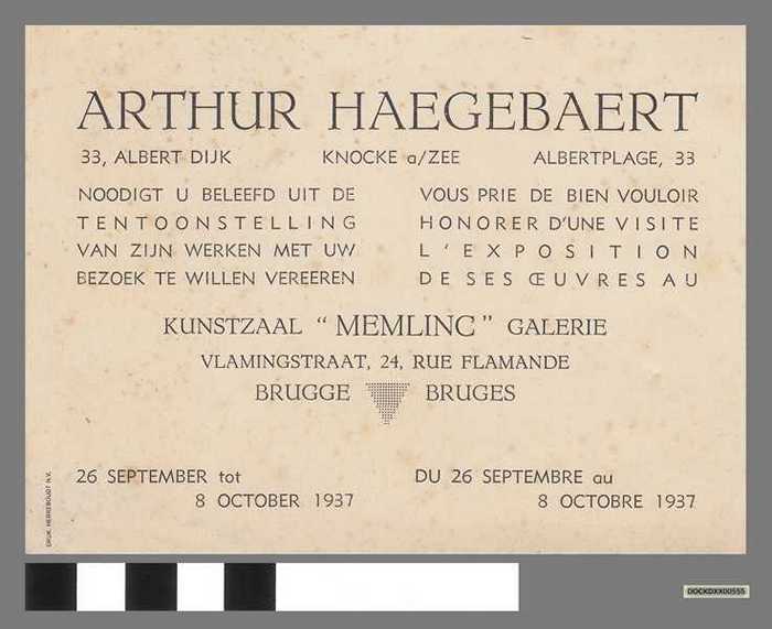 Uitnodiging Tentoonstelling van Arthur Haegebaert in Kunstzaal 'Memlinc' Galerie - Brugge