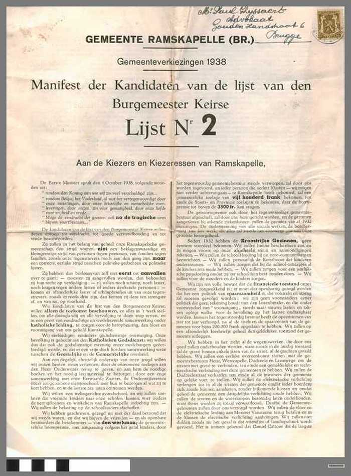 Gemeente Ramskapelle - Manifest der Kandidaten van de lijst van den Burgemeester Keirse - Lijst Nr 2 - 1938