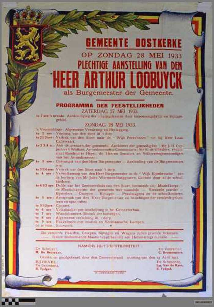 Gemeente Oostkerke op zondag 28 mei 1933, plechtige aanstelling van den Heer Arthur Loobuyck als Burgemeester der Gemeente.