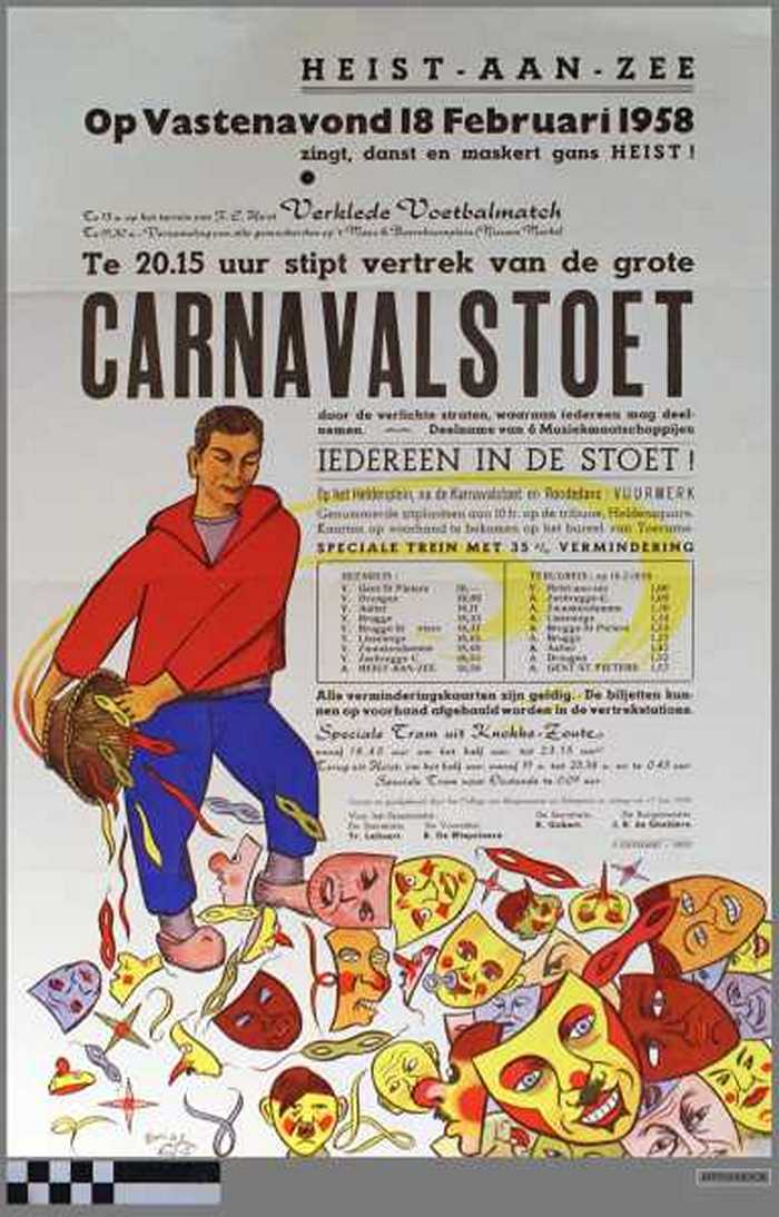 Heist-aan-zee, Op Vastenavond 18 Februari 1958, Verklede voetbalmatch. Te 20.15 uur stipt vertrek van de grote carnavalstoet, iedereen in de stoet!