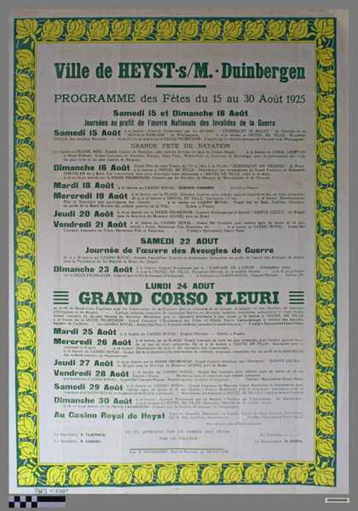 Ville de Heyst-s/M. - Duinbergen, Programme des Fetes du 15 au 30 Aout 1925, Grand Corso Fleuri.