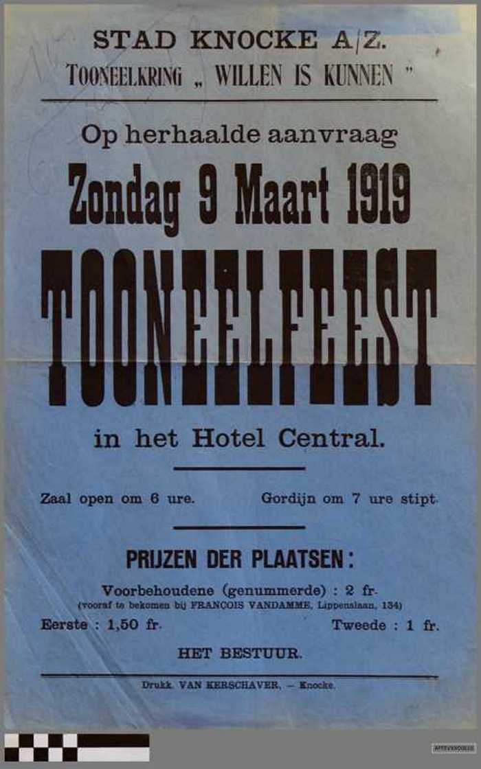 Affiche voor toneelfeest in Hotel Central