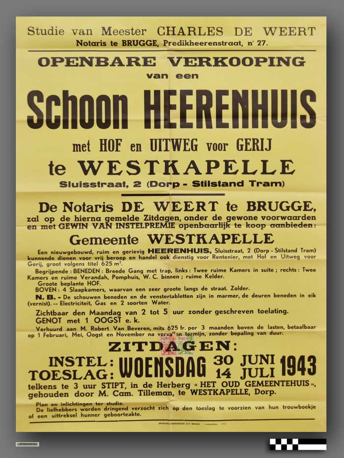 Openbare verkooping van een schoon heerenhuis met hof en uitweg voor gerij - Sluisstraat 2 (dorp - Stilstand Tram) - Westkapelle