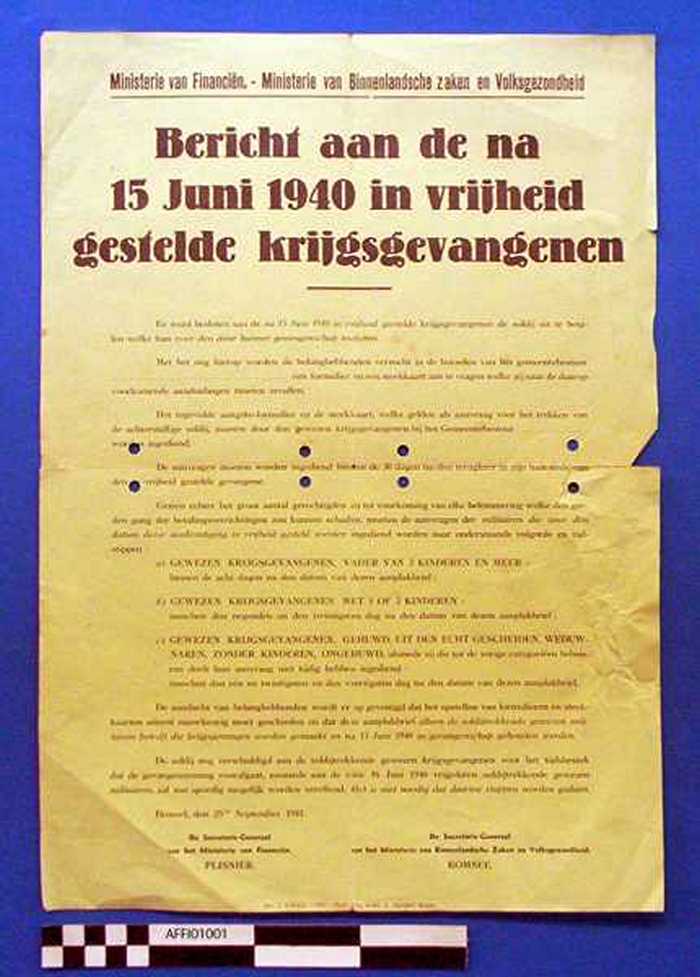 Bericht aan de na 15 Juni 1940 in vrijheid gestelde krijgsgevangenen