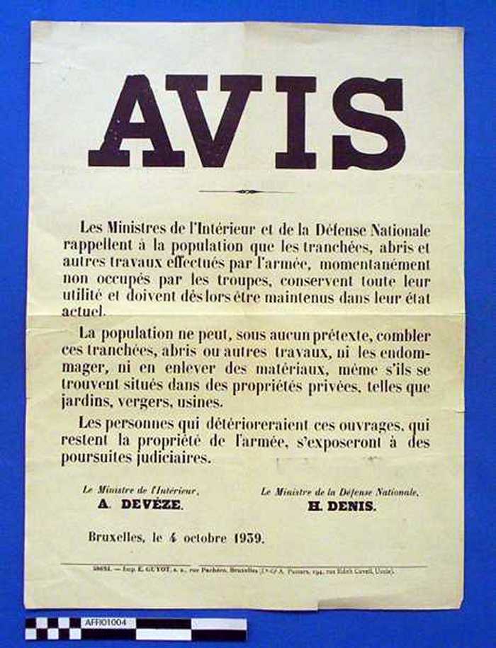 AVIS - Les Ministres de lIntérieur et de la Défense Nationale rappellent à la population que les tranchées, abris et autres travaux effectués par la