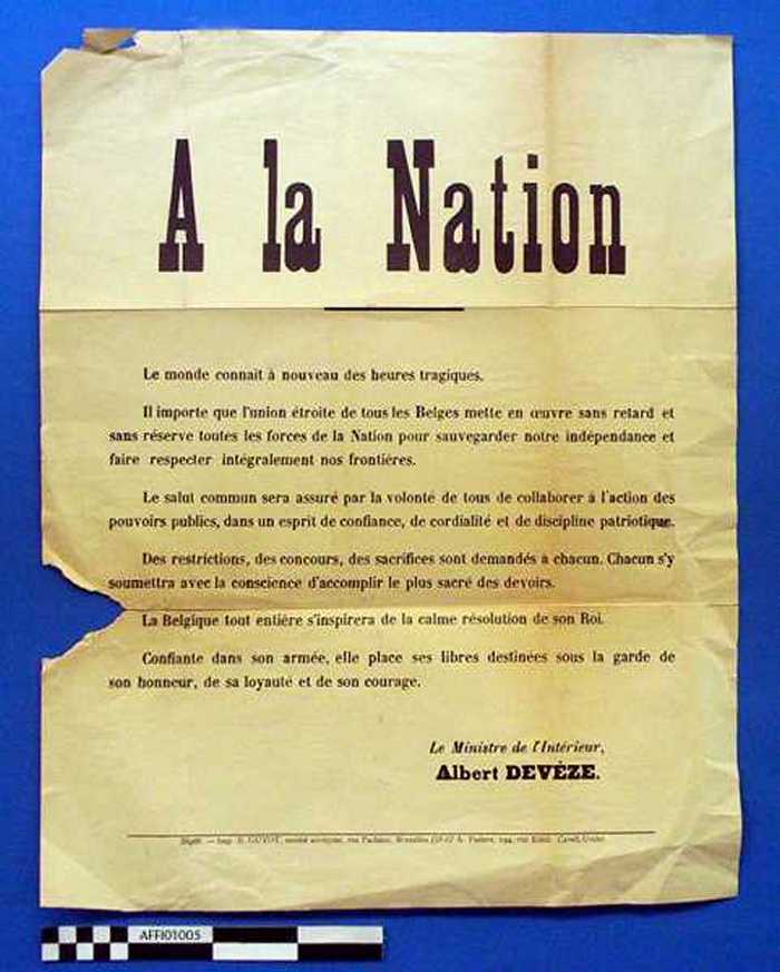 A LA NATION - Le monde connaît à nouveau des heures tragiques. Il importe que lunion étroite de tous les Belges mette en oeuvre sans retard et sans r