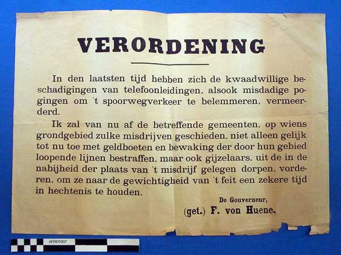 VERORDENING. In den laatsten tijd hebben zich de kwaadwillige beschadigingen van telefoonleidingen, alsook misdadige pogingen om t spoorwegverkeer te