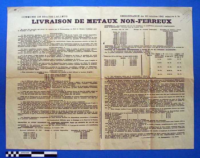 COMMUNE DE BRAINE-LALLEUD  Ordonnance de du 20 Octobre 1941 relative à la LIVRAISON DE METAUX NON-FERREUX
