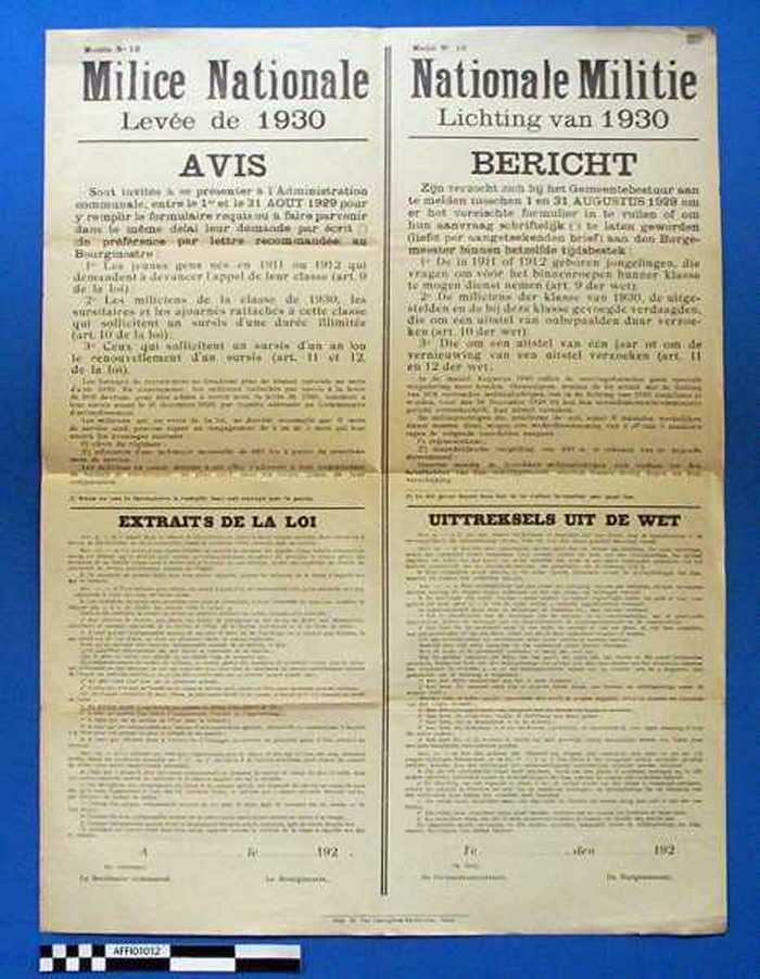 Milice Nationale. Levée de 1930. AVIS. Sont invités à se présenter à lAdministration communale, entre le 1e et le 31 AOUT 1929 pour y remplir le form