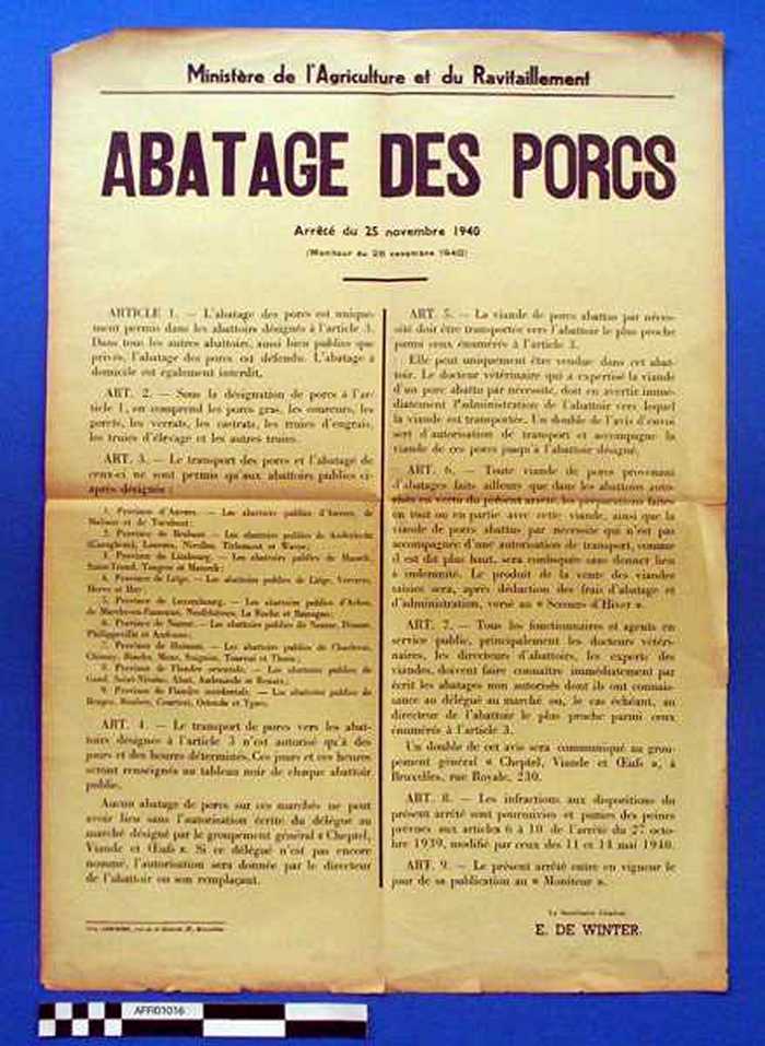 Ministère de lAgriculture et du Ravitaillement. ABATAGE DES PORCS. Arrêté du 25 novembre 1940