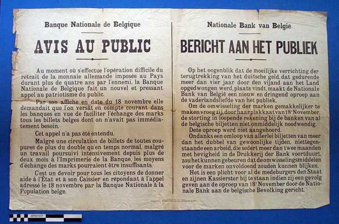 Banque Nationale de Belgique. AVIS AU PUBLIC. Au moment où seffectue lopération difficile du retrait de la monnaie allemande imposée au Pays durant