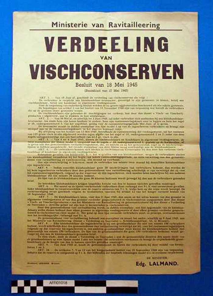 Ministerie van Ravitailleering. VERDELING VAN VISCHCONSERVEN. Besluit van 18 Mei 1945 (Staatsblad van 27 Mei 1945)