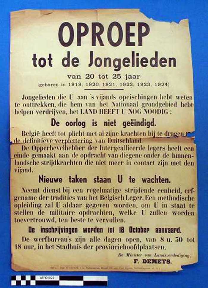 Oproep tot de Jongelieden van 20 tot 25 jaar. Jongelieden die U aan s vijands opeischingen hebt weten te onttrekken, die hem van het Nationaal grondg