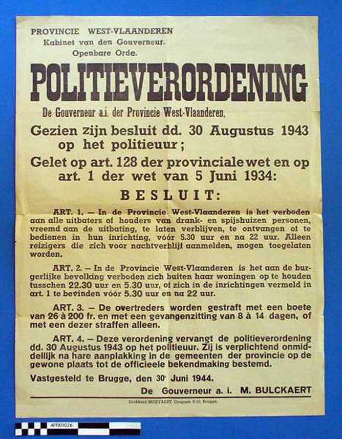 Provincie West-Vlaanderen. Kabinet van de Gouverneur. Politieverordening. De Gouverneur a.i. der Provincie West-Vlaanderen, besluit: ART.1 In de Provi