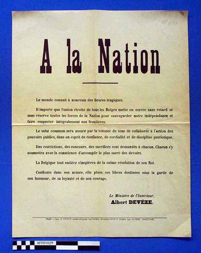 A la Nation - Le monde connaît  à nouveau des heures tragiques. Il importe que lunion étroite de tous les belges mette en oeuvre sans retard et sans