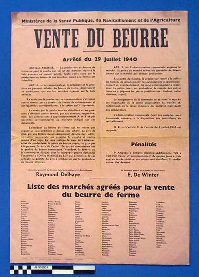 Ministère de la Santé Publique, du Ravitaillement et de lAgriculture. VENTE DU BEURRE. Arrêté du 29 Juillet 1940. Article premier --- Le producteur d