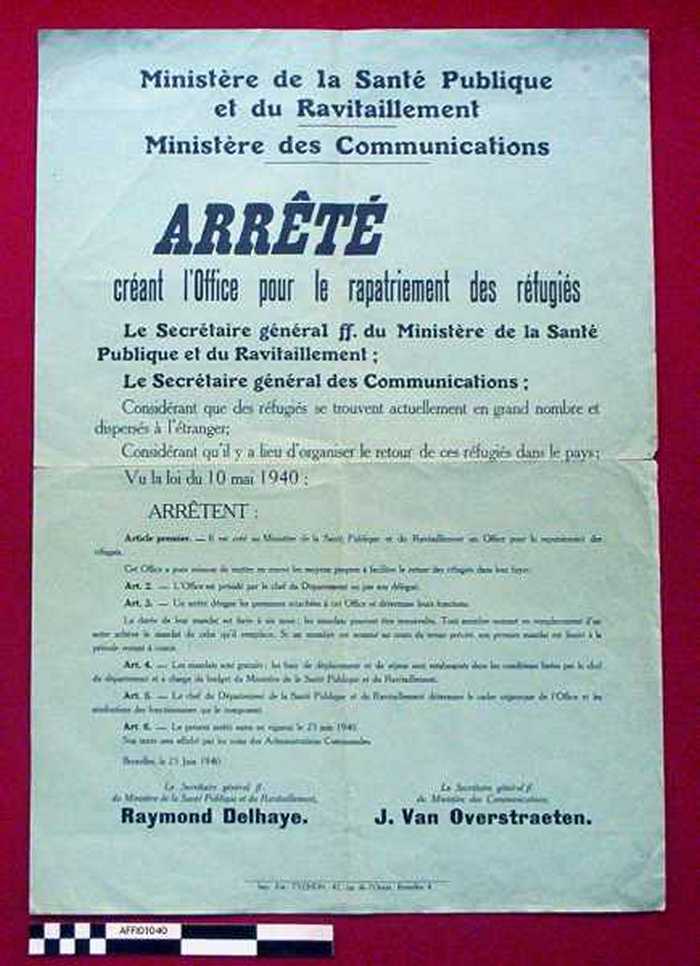 Ministère de la Santé Publique, du Ravitaillement et de lAgriculture. Arrêté créant loffice pour le rapatriement des réfugiés. Considérant que des r