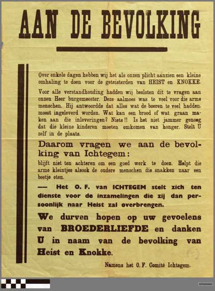 Aan de bevolking. Oproep aan bevolking van Ichtegem door het O.F. Comité om inwoners van Heist en Knokke financieel bij te staan.