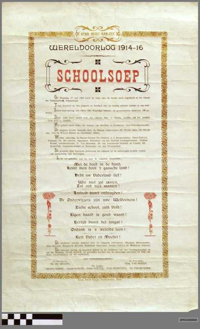 Hulde aan de weldoeners die op de uitdeling van soep aan schoolkinderen tijdens de Eerste Wereldoorlog waren