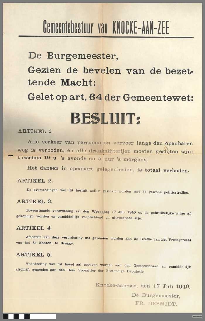 BESLUIT - bevelen van de bezettende macht volgens artikel 64 van de gemeentewet