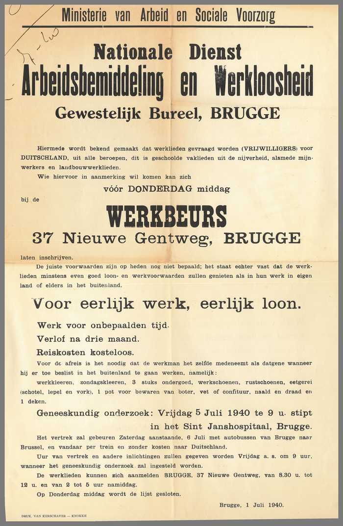 Ministerie van Arbeid en Sociale Voorzorg, Nationale Dienst Arbeidsbemiddeling en Werkloosheid - Oproep werklieden (vrijwilligers voor Duitschland)