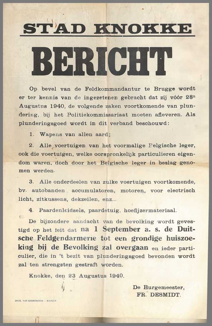 BERICHT - inzake plunderingsgoed