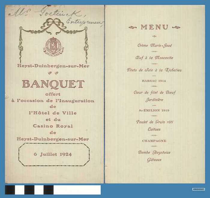 Hotel Casino Royal - Heyst - BANQUET offert à l'Occasion de l'Inauguration de l'Hotel de Ville et du Casino Royal de Heyst-Duinbergen-sur-Mer