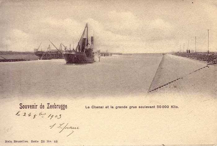 Souvenir de Zeebrugge. Le Chenal et la grande grue soulevant 50 000 Kilo