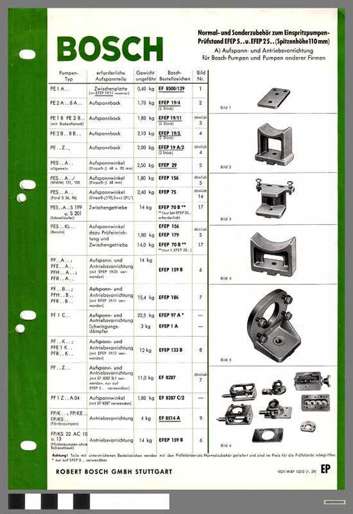 Bosch, Normal-und Sonderzubehör zum Einspritzpumpen Prüfstand EFEP5..u. EFEP25