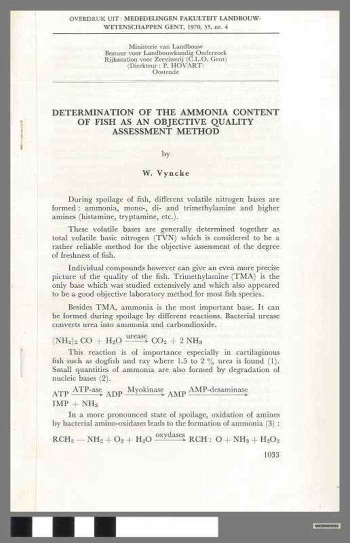 Determination of the Ammonia Content of fish as an objective quality assessment