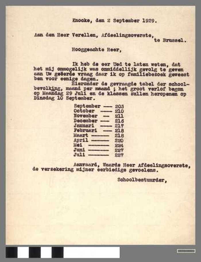 Kopie van brief met de tabel der school bevolking voor 1929.