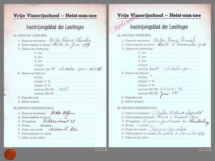 Inschrijvingsblad der Leerlingen van de Vrije Visserijschool - Heist-aan-zee