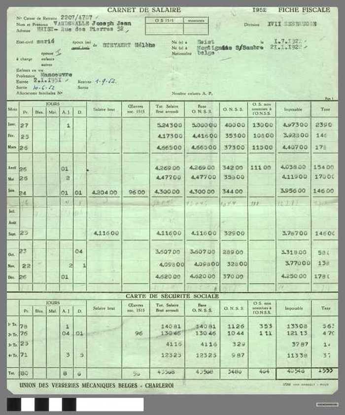 Carnet de salaire - 1952 - Fiche Fiscale - Vandewalle Joseph