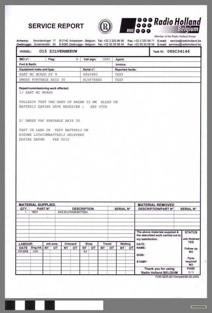 Service report SART MC Murdo en GMDSS portable Axis 30 - O.15 - Zilvermeeuw